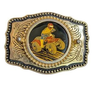 Vintage ATV Quad Rider Belt Buckle Gold Tone Western Made in USA‎ 3 Inch